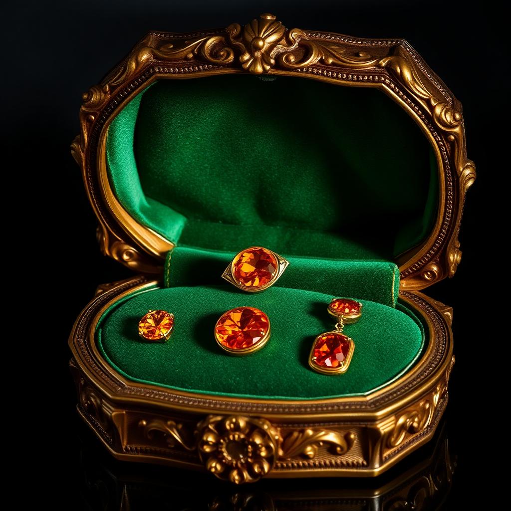 Amber gemstone jewellery set in a gold display case with green velvet