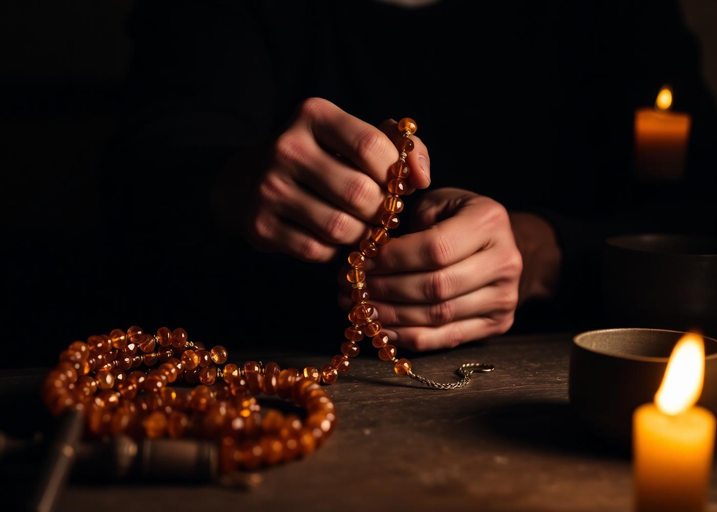 Artisan hands stringing amber prayer beads by candlelight